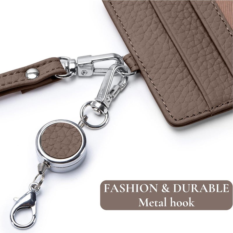 EutDett Leather Lanyards for ID Badge Holder, Lanyard Wallet for Womenand Men, Fashion ID Case with Zipper Pocket, Breakaway Lanyard & Retractable Reel Clip for Teacher Nurse Student (Dark Hkaki) - Image 4